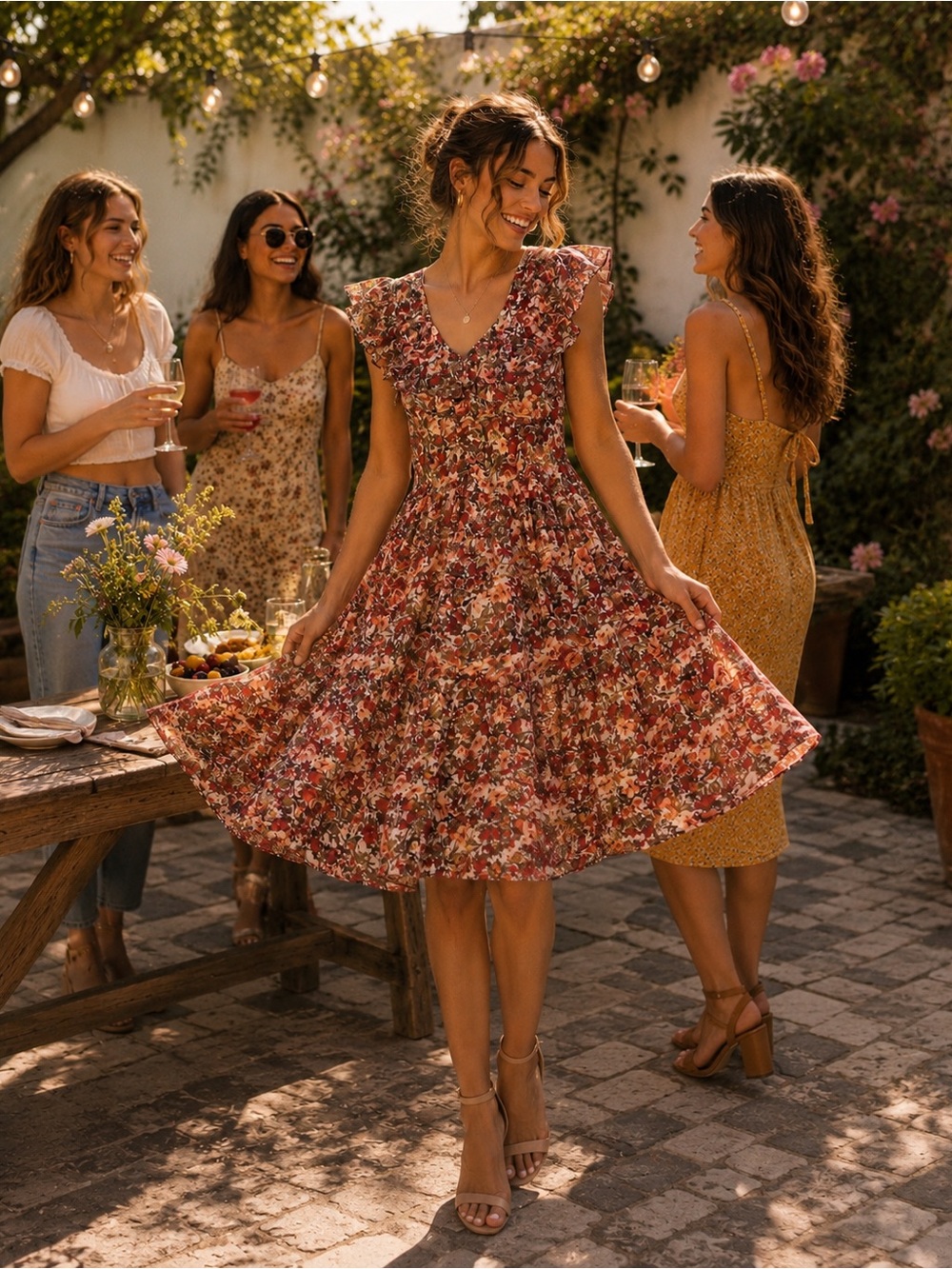 NSR Rust Floral Ruffle Midi Dress